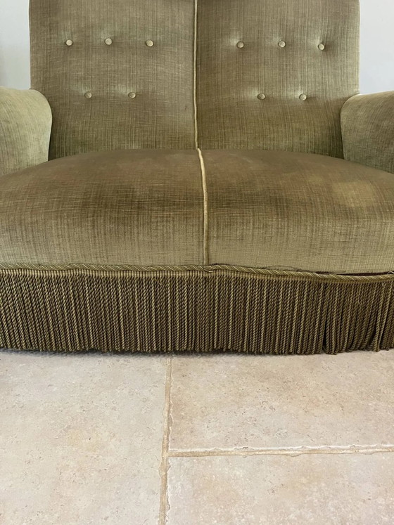 vintage double toad sofa in olive green fabric and trimmings – 2 seaters, Velvet, Art Deco (photo 8 of 15)