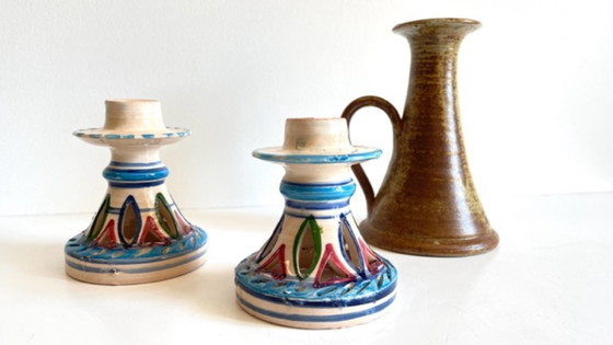 Image 1 of Joli ensemble de 3 BOUGEOIRS en Céramique et Grès Vintage, un trio Artisanale, Chic et Bohème, Poétique et aux matières Naturell