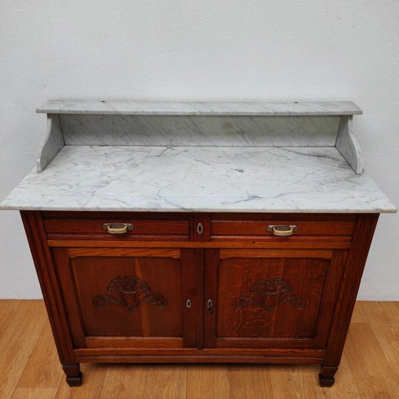 Image 1 of Vintage Antiek dressoir commode ladekast badkamermeubel met marmer blad