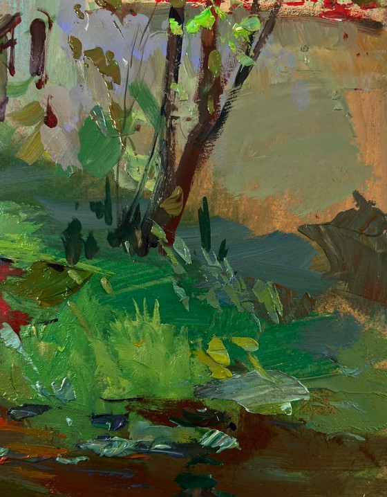 Original Oil Painting Rural Landscape Village Stream – Paintings & Drawings, Mdf (photo 9 of 10)