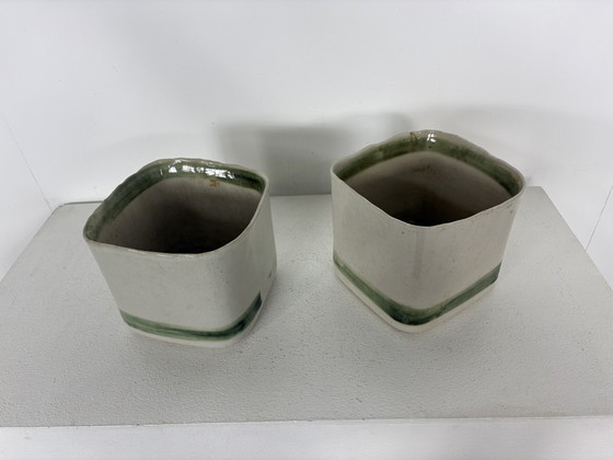 Image 1 of 2 Vintage Mobach Tom Bruinsma Groen met Crème Bloempotten jaren’70