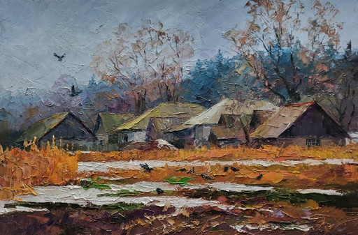 Original Oil Painting Rural Landscape The First Snow Fell In The Village – schilderijen tekeningen, Canvas