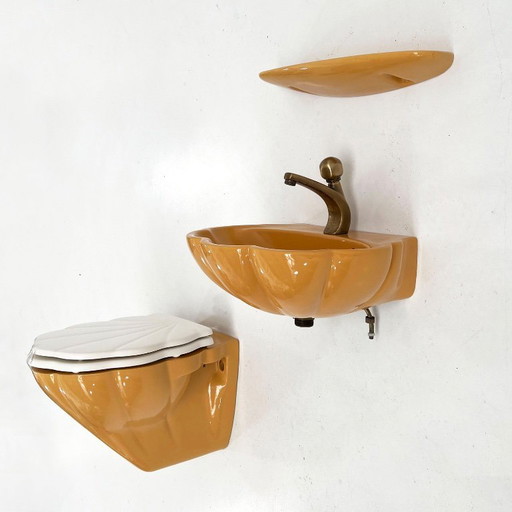 Ensemble de salle de bain vintage en forme de coquillage moutarde, années 1970