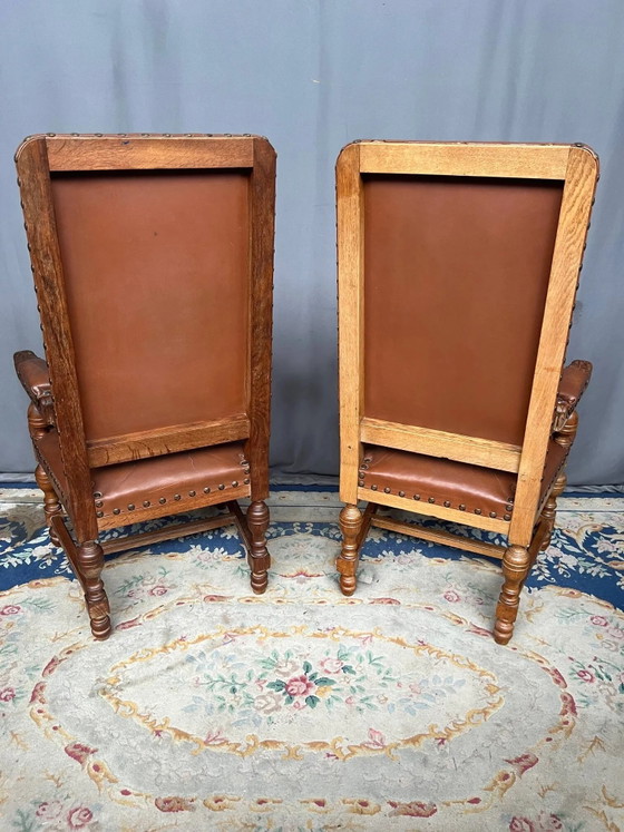 Pair of Renaissance armchairs. Carved solid oak. Holland. Late 19th century., Wood, Brown (photo 8 of 9)