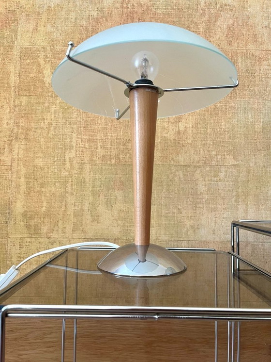 Image 1 of Par de lámparas de mesa Kvintol de Ikea – diseño escandinavo en forma de seta – cristal, madera y cromo