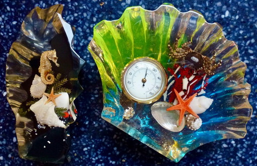 2x Vintage Lucite Paperweights with Maritime decor.