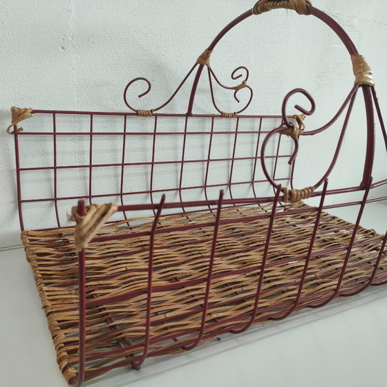 Image 1 of Cestino per il pane in metallo vintage francese in rattan, cestino per fiori