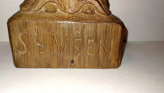 Image 1 of Statuette Religieuse Rétro Vintage en Bois Sculpté l'Abbé St Méen / 50's  