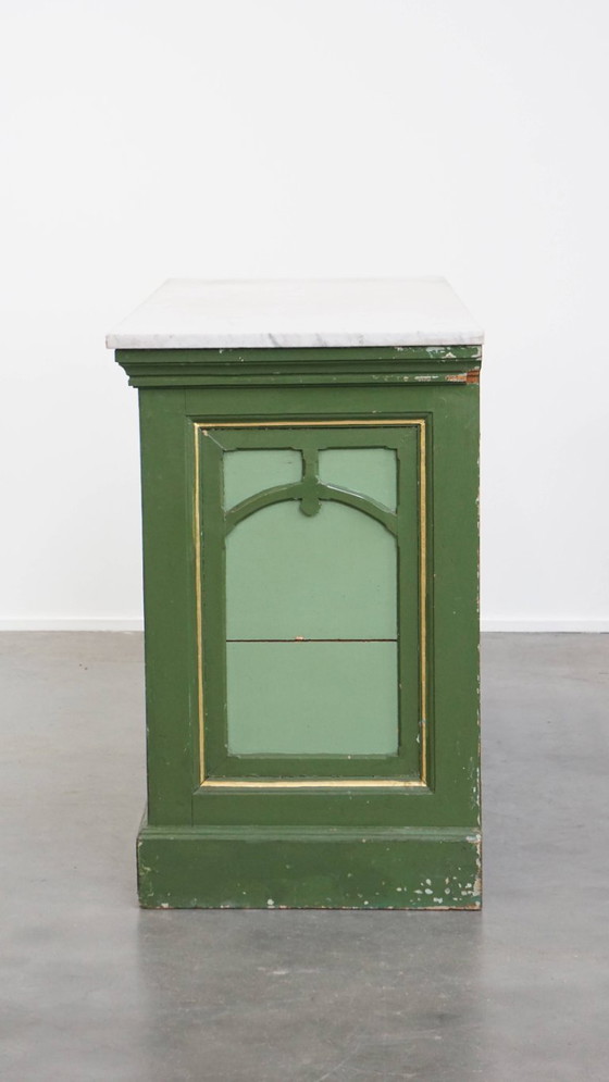 Image 1 of Antico bancone/comò verde della fine del XIX/inizio del XX secolo con piano in marmo