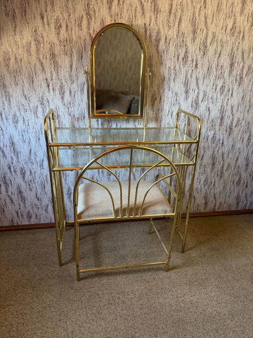 Vintage Dressing Table and Stool in Brass, 1950s, Set of 2