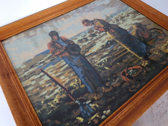 Image 1 of Ricamo a punto croce vintage incorniciato "L'Angelus" di Millet – Arte murale ricamata a mano – Decorazione rustic