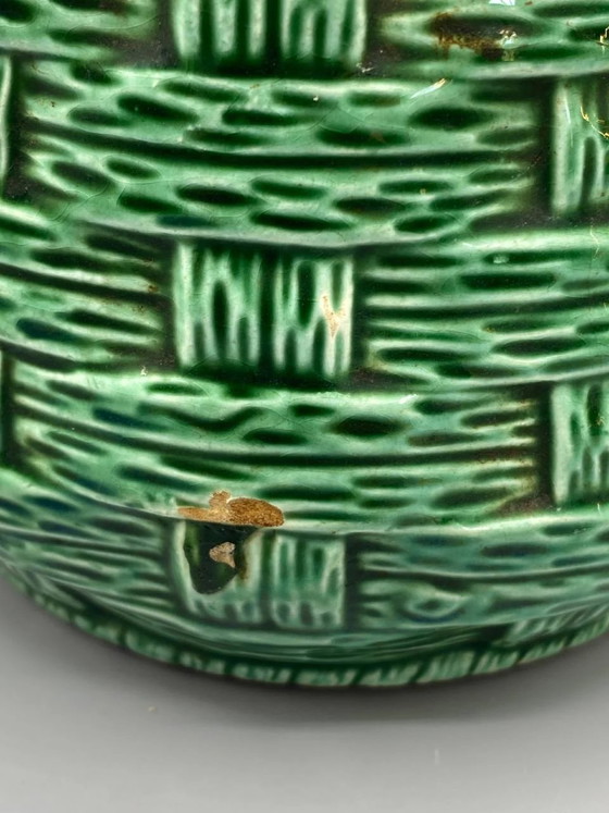 Digoin Sarreguemines Green Slipware Jug with Basketweave Pattern, Model 7308 – Crockery (photo 6 of 7)