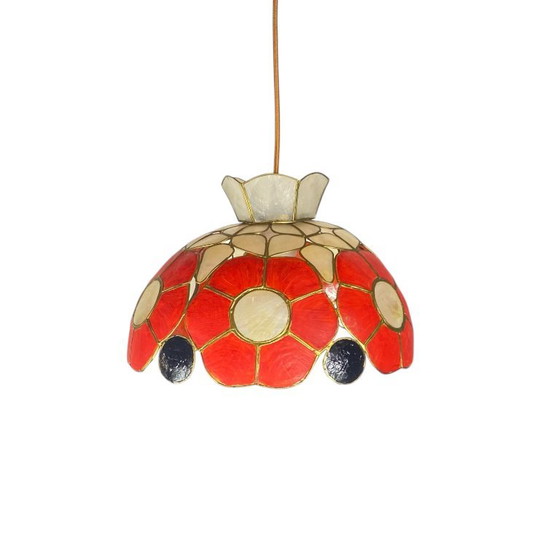 Mother-of-pearl chandelier, Capiz shell, 1950s style, red flowers – Pendant lamps, Stone (photo 9 of 9)