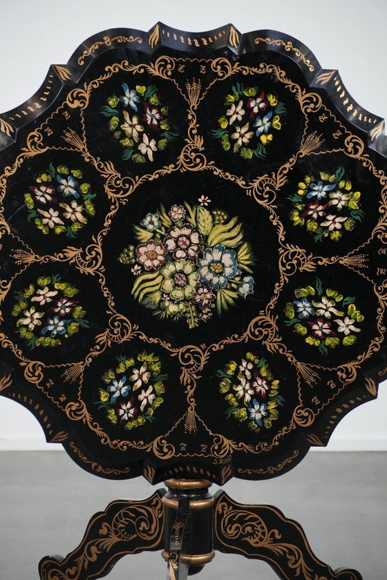 Image 1 of Antique English hand-painted floral tilt-top table from the late 19th century