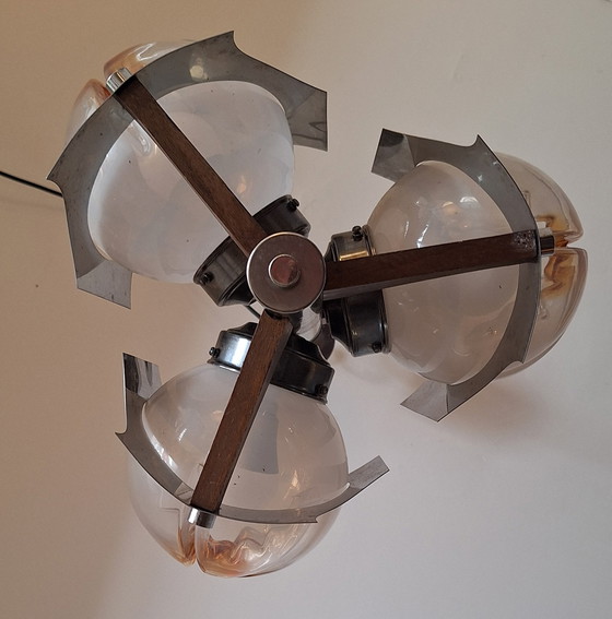 Image 1 of Lampada a sospensione in metallo e 3 globi in vetro di Murano