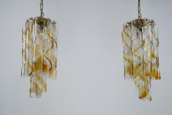 Image 1 of Een paar vintage Torciglione Murano glazen kroonluchters van Mazzega. Italië, jaren 70.