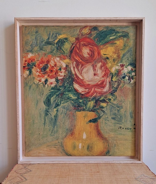 P.A. Renoir, Vase with roses, in a contemporary frame. – schilderijen tekeningen, Canvas, Wood