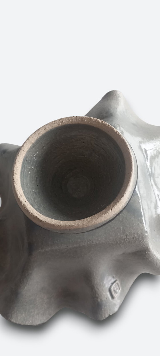Image 1 of Studio ceramic bowl on foot with organic shape and gray glaze – signed studio mark