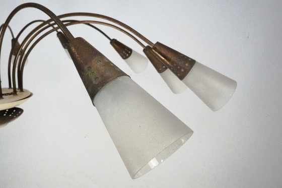 Image 1 of Large Italian Mid-Century Sputnik Brass Chandelier with Satin Glass, 1950s