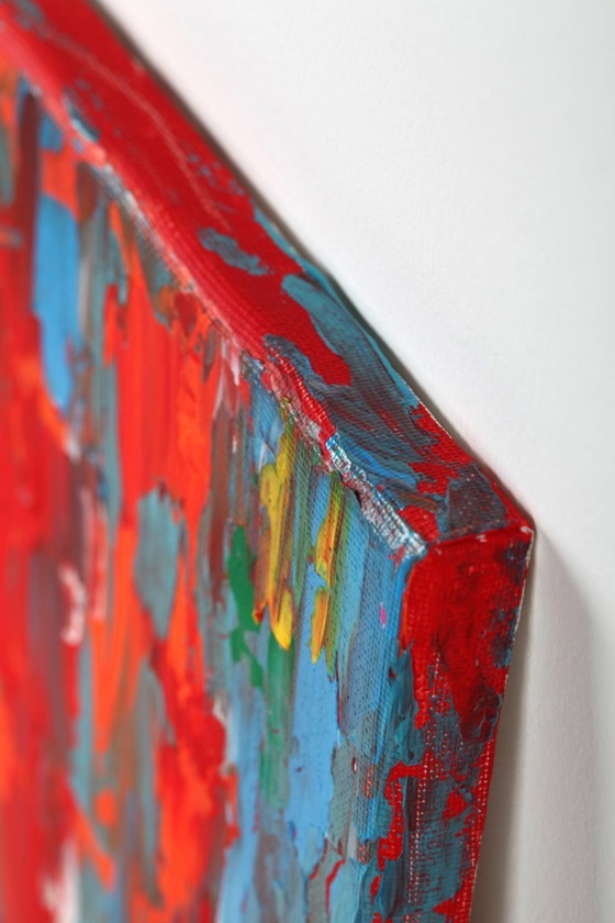 Image 1 of Abstract Red, Orange and Blue original painting on stretched canvas