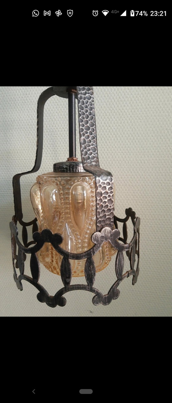 Image 1 of Amberkleurige Art-Deco Art-Nouveau Amsterdamse School pagode stijl hanglamp