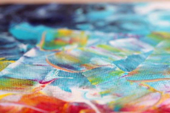 Image 1 of Acrylic painting on canvas in blue, pink, and yellow.