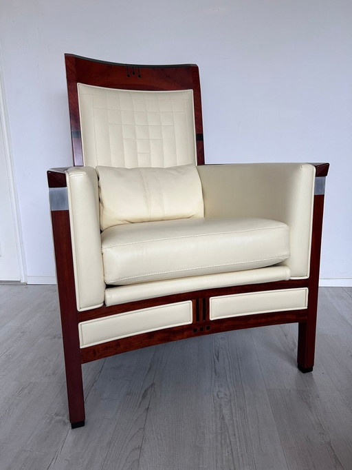 2x Luxury Art Deco Schuitema design armchair Charles with cream leather from the Decoforma series with decorative stitching
