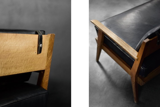 Image 1 of Divano vintage in rovere e pelle nera, stile tedesco moderno di metà secolo, anni '60