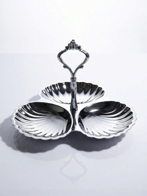 Serviteur vintage à trois coupelles en métal argenté, décor coquilles 1970-80