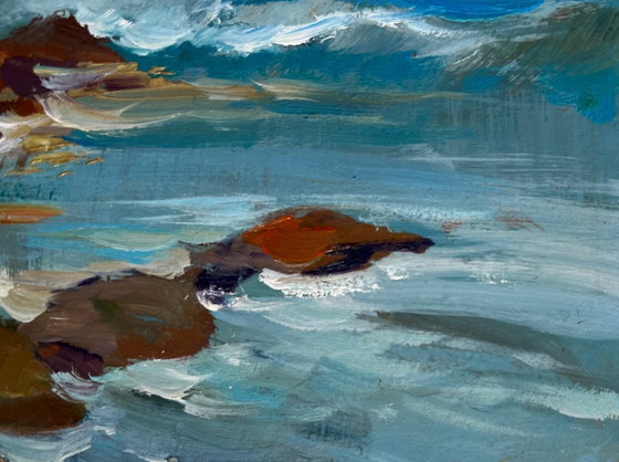 Image 1 of Peinture à l'huile originale représentant un paysage côtier marin. Les vagues se brisent sur les rochers.