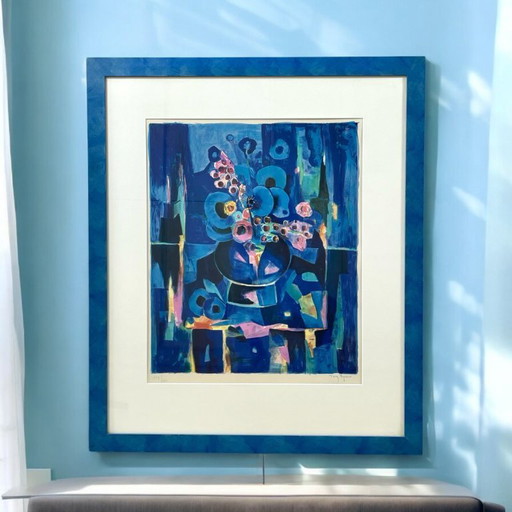 Tony Agostini Pencil Signed Limited Bouquet Au Vase Bleu Lithograph Custom Frame