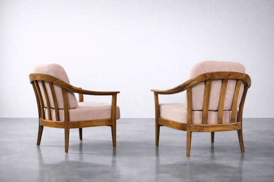 Image 1 of Vintage Mid-Century German Modern Cherry Wood & Dirty Pink Fabric Armchairs from Wilhelm Knoll, 1970s, Set of 2