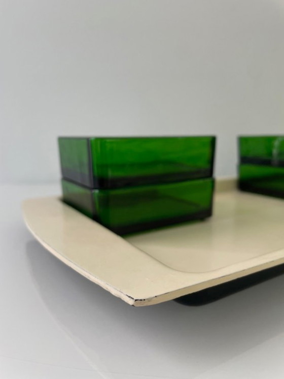 Image 1 of Vintage serving bowl with bright green glass trays - 1960s retro design