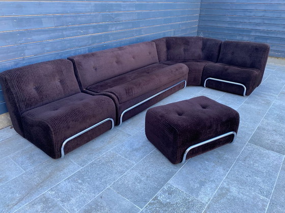 Image 1 of Divano da salotto modulare poltrona poggiapiedi stile Bauhaus in velluto a coste marrone e cromo vintage 1970