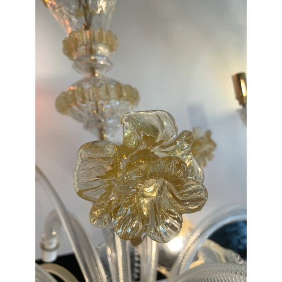 Image 1 of Lampadario in vetro di Murano in stile veneziano trasparente e oro con fiori e foglie