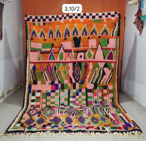 Tapis Boujaad marocain authentique fait main 310 × 200 cm – Tapis berbère en laine aux motifs abstraits et colorés – Tapis maroc