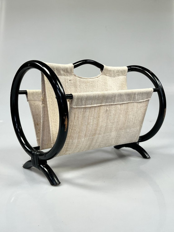 Image 1 of Leggio rotondo vintage / portariviste, rattan nero, anni '70