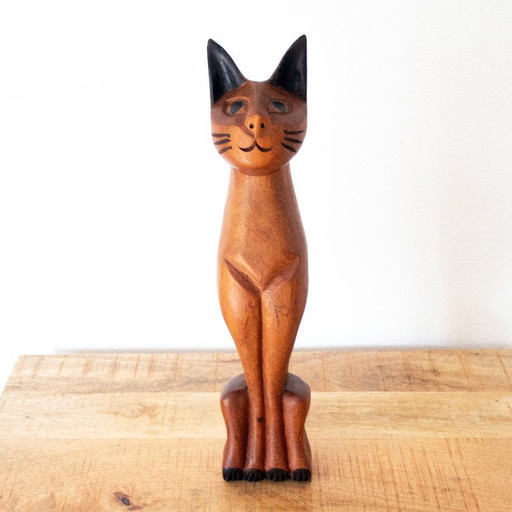 Vintage handgeschnitzte Siamkatzenstatue aus Holz im Stil der Volkskunst