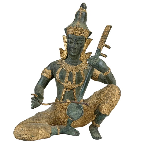 Thaise Bronzen Tempelmuzikanten en Danseres – Set van 4 Beeldhouwkunst – 2.4 kg (photo 2 of 10)