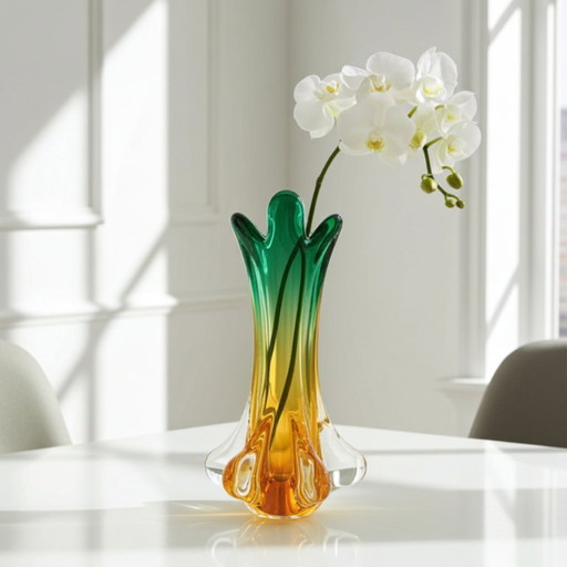 Murano Art Glass Vase Seguso 1960s - Green & Amber