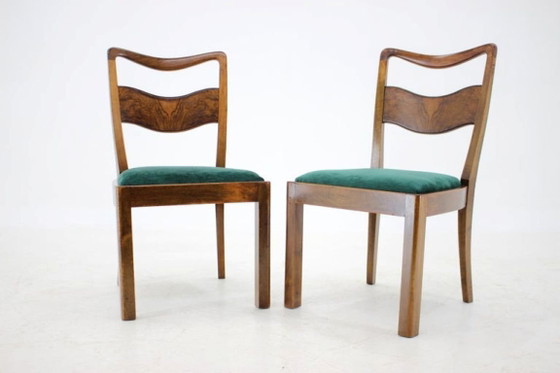 Image 1 of Set of Four Czechoslovakian Art Deco Refurbished Walnut and Velvet Dining Chairs, 1930s