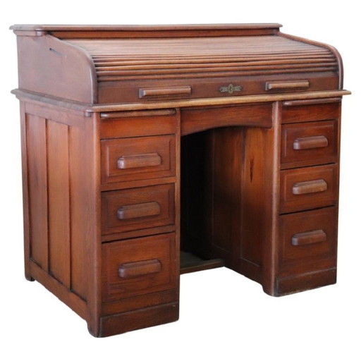 Escritorio con tapa enrollable en madera de roble, Italia, principios del siglo XX