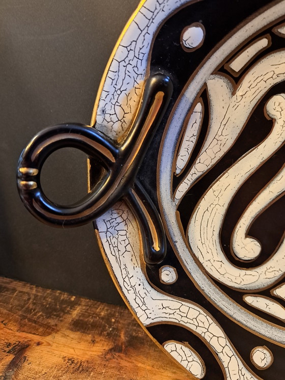 Image 1 of Vintage 1950's Ceramic Bowl with Handles south Dutch Gouda Hand Painted Black with Gold