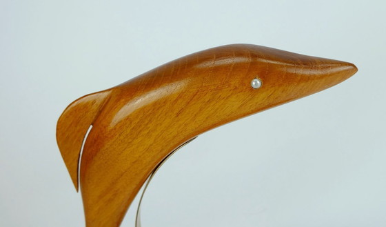 Image 1 of Beautiful Elegant Mid Century Wood Figurine Fish Dolphin Cherrywood Brass 1950s Deco