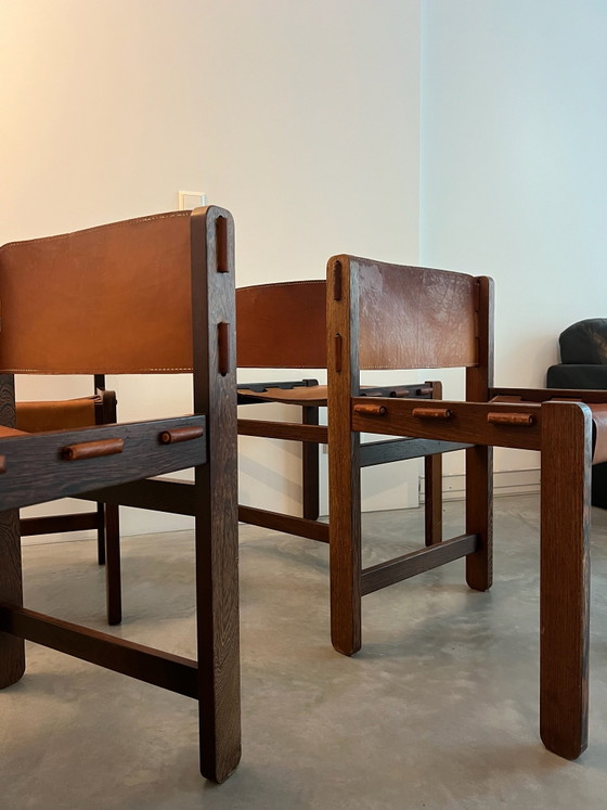 Set van 4 vintage brutalist eetkamerstoelen – Hout, Leer (photo 2 of 9)