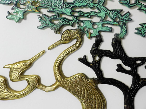 Image 1 of Decorazione murale vintage con gru in ottone, stile anni '50, '60, '70, arredamento di metà secolo.