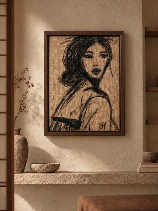 Handmade artwork on jute with walnut-colored frame