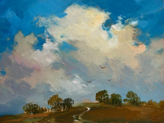 Image 1 of Original Oil Painting Summer Field Landscape Birds flying home