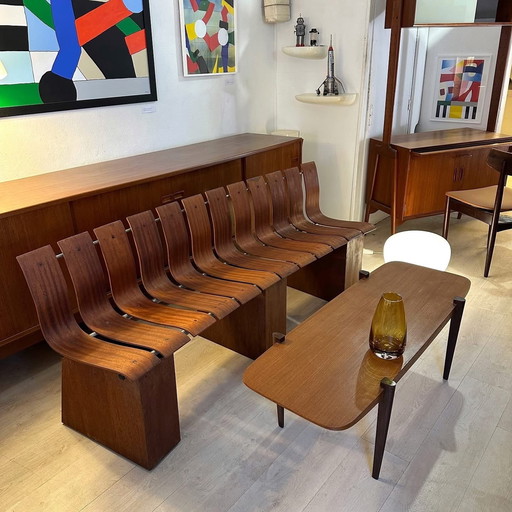 Banc courbé en teck & acier, 1950