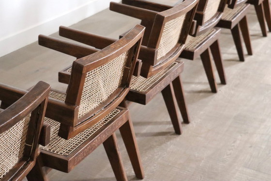 Image 1 of Ensemble de 8 chaises de bureau en rotin Pierre Jeanneret, Inde, années 1950